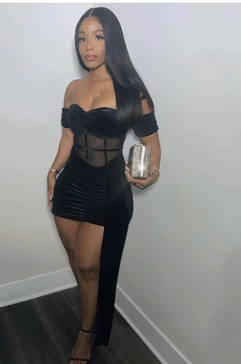 Black Sexy Patchwork Solid See-through Backless Off the Shoulder Homecoming Dress Y2525 - Image 2