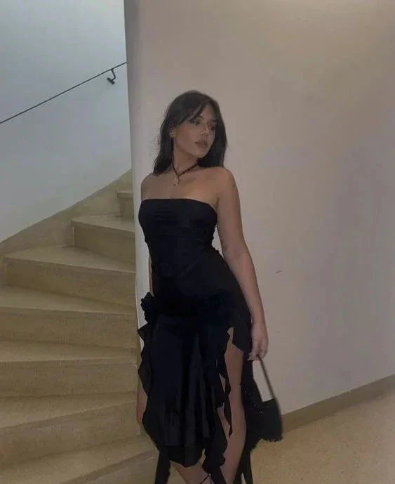 Black Sheath Ruffles Evening Dress Strapless Chiffon Prom Dress Y7765 - Image 2