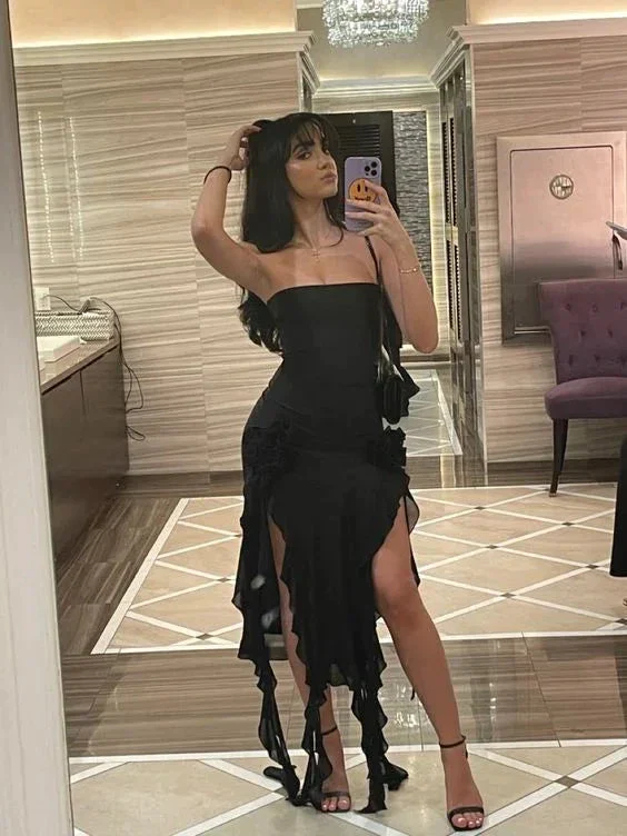 Black Sheath Ruffles Evening Dress Strapless Chiffon Prom Dress Y7765 - Image 3