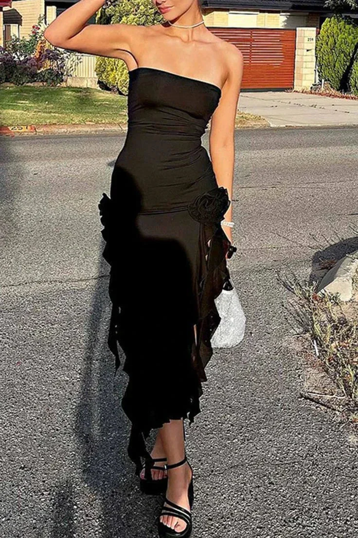 Black Sheath Ruffles Evening Dress Strapless Chiffon Prom Dress Y7765 - Image 5