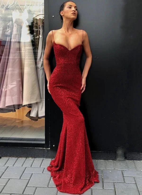 Black Sheath Spaghetti Straps Open Back Sequins Prom Dresses - Image 3