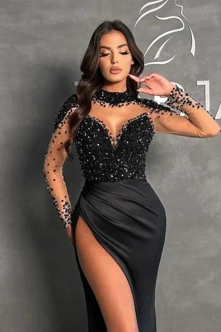 Black Split Front Halter Sweetheart Floor-Length Long Sleeves Stain Prom Dresses with Beadings - Image 2