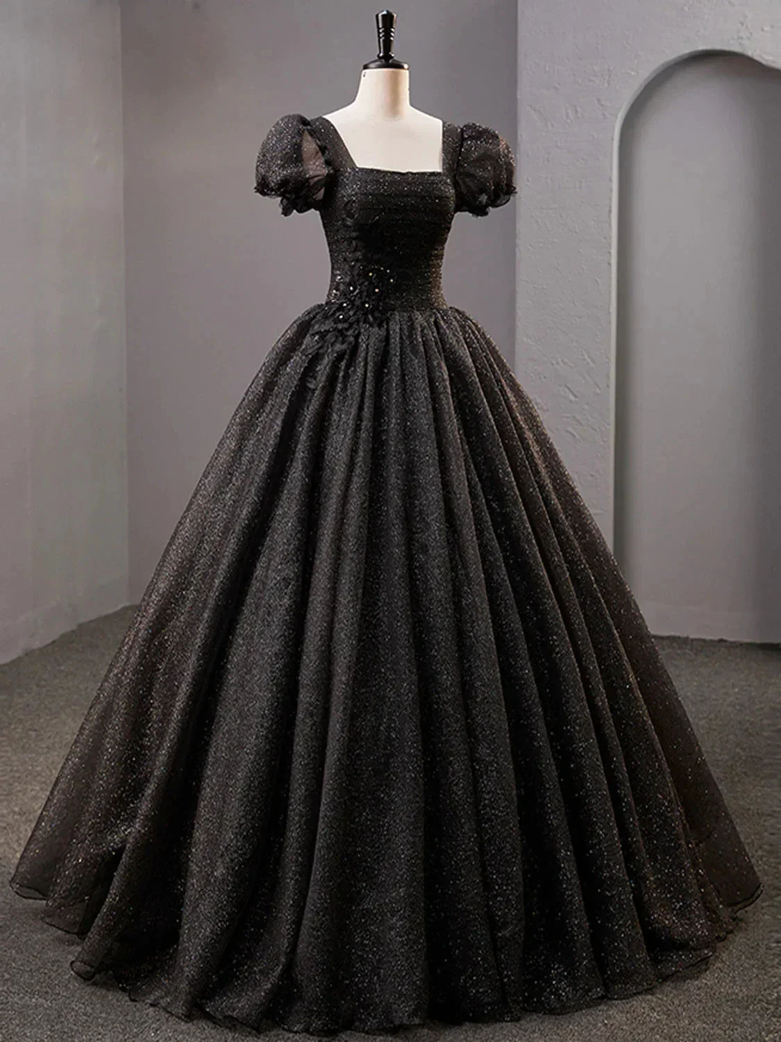 Black Square Neckline Tulle Long Prom Dress Shiny Black Evening Dresses Y4386 - Image 2