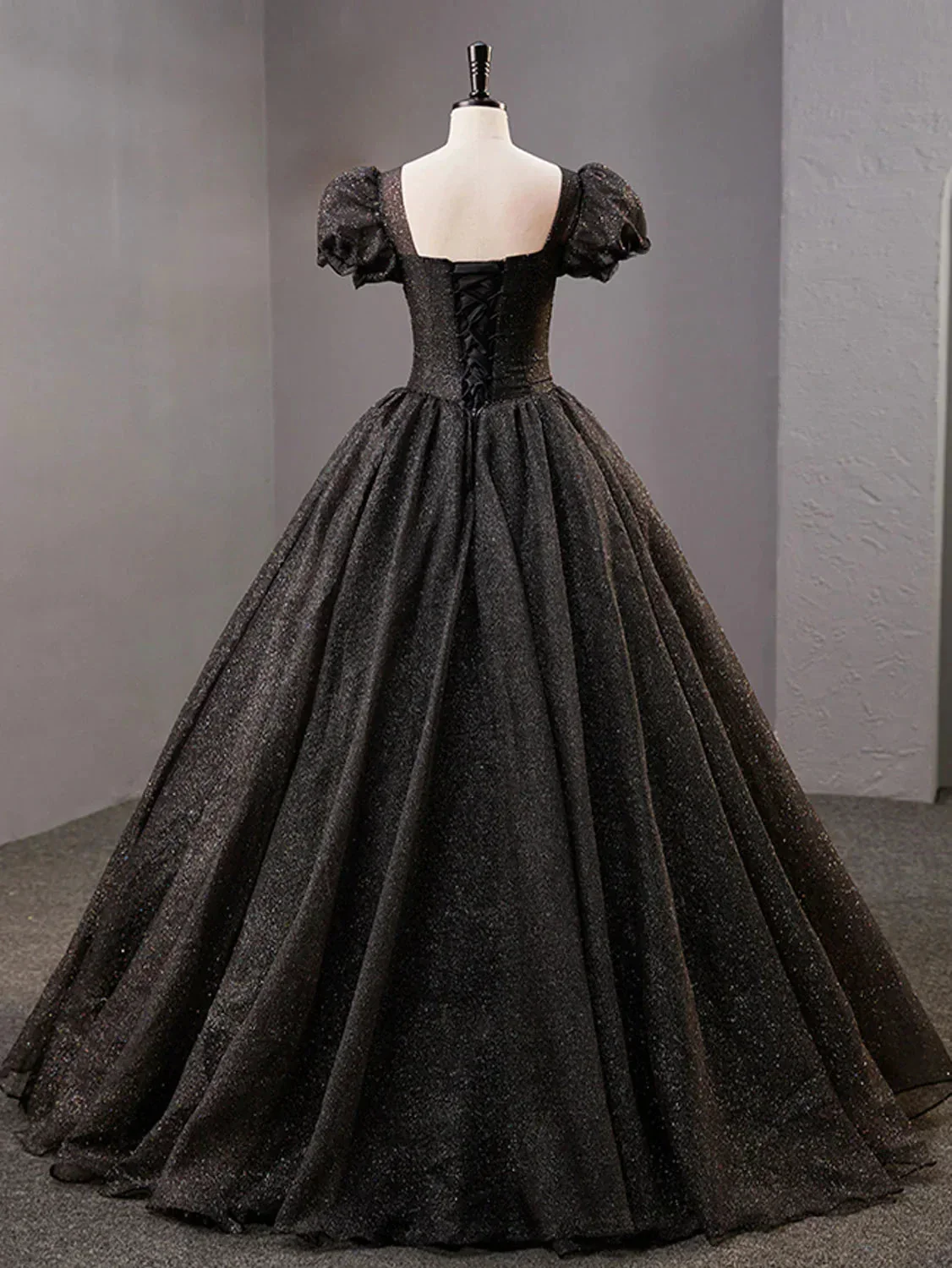 Black Square Neckline Tulle Long Prom Dress Shiny Black Evening Dresses Y4386 - Image 3