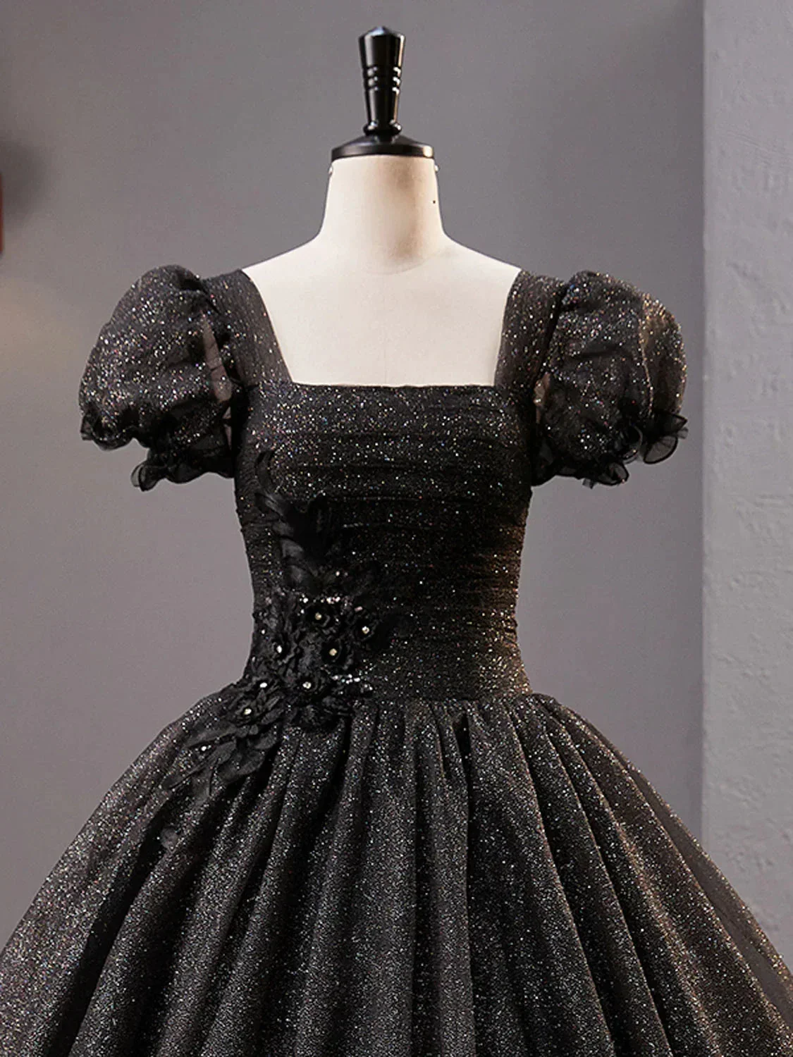 Black Square Neckline Tulle Long Prom Dress Shiny Black Evening Dresses Y4386 - Image 4