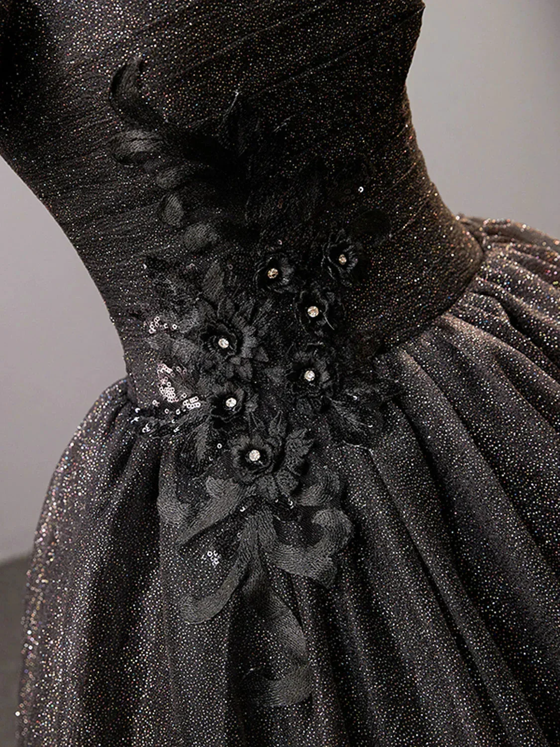 Black Square Neckline Tulle Long Prom Dress Shiny Black Evening Dresses Y4386 - Image 5