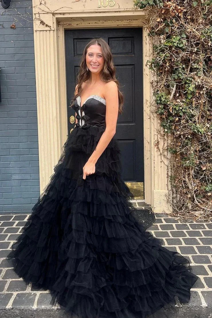 Peggy | Black Strapless Bow Ruffle Long Prom Dress with Slit - Image 2