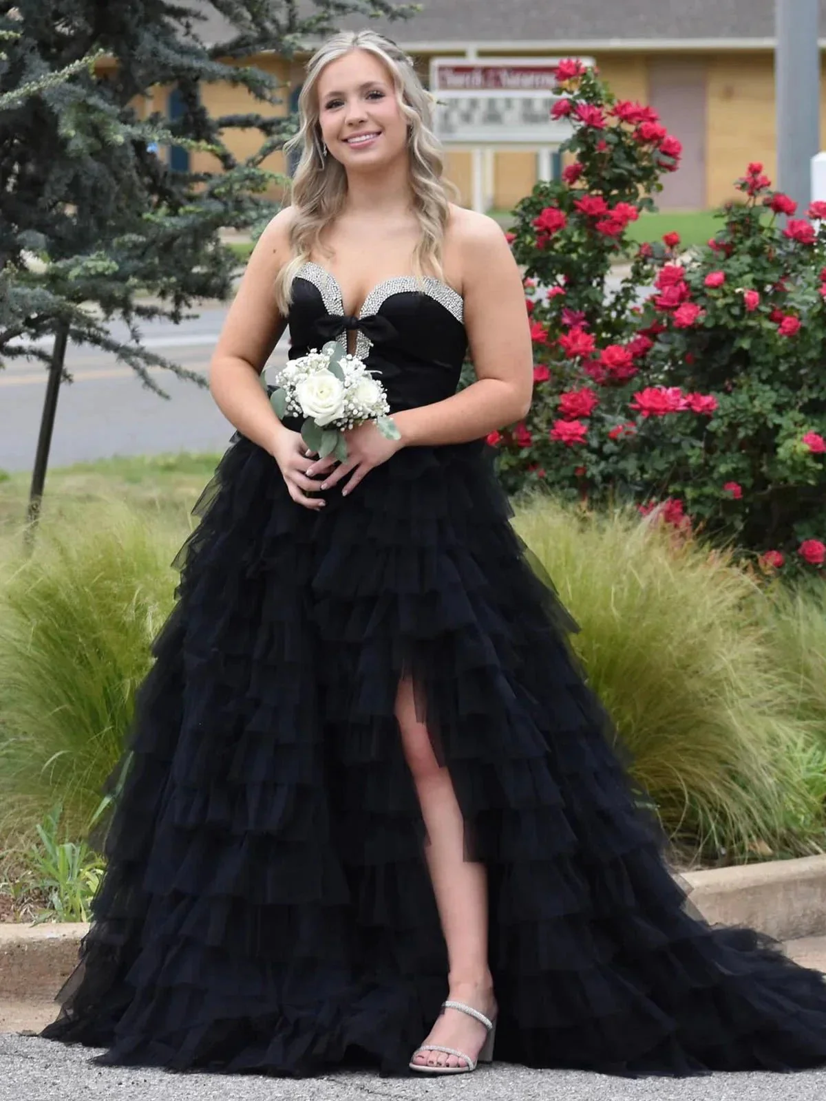 Peggy | Black Strapless Bow Ruffle Long Prom Dress with Slit - Image 4