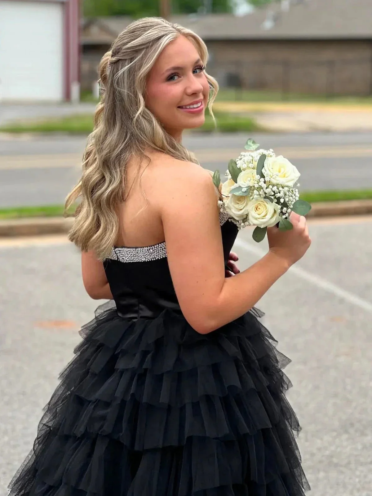 Peggy | Black Strapless Bow Ruffle Long Prom Dress with Slit - Image 5