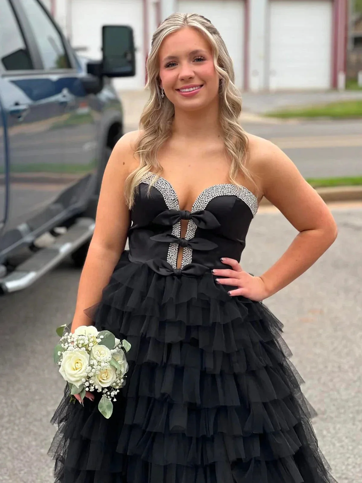 Peggy | Black Strapless Bow Ruffle Long Prom Dress with Slit - Image 6