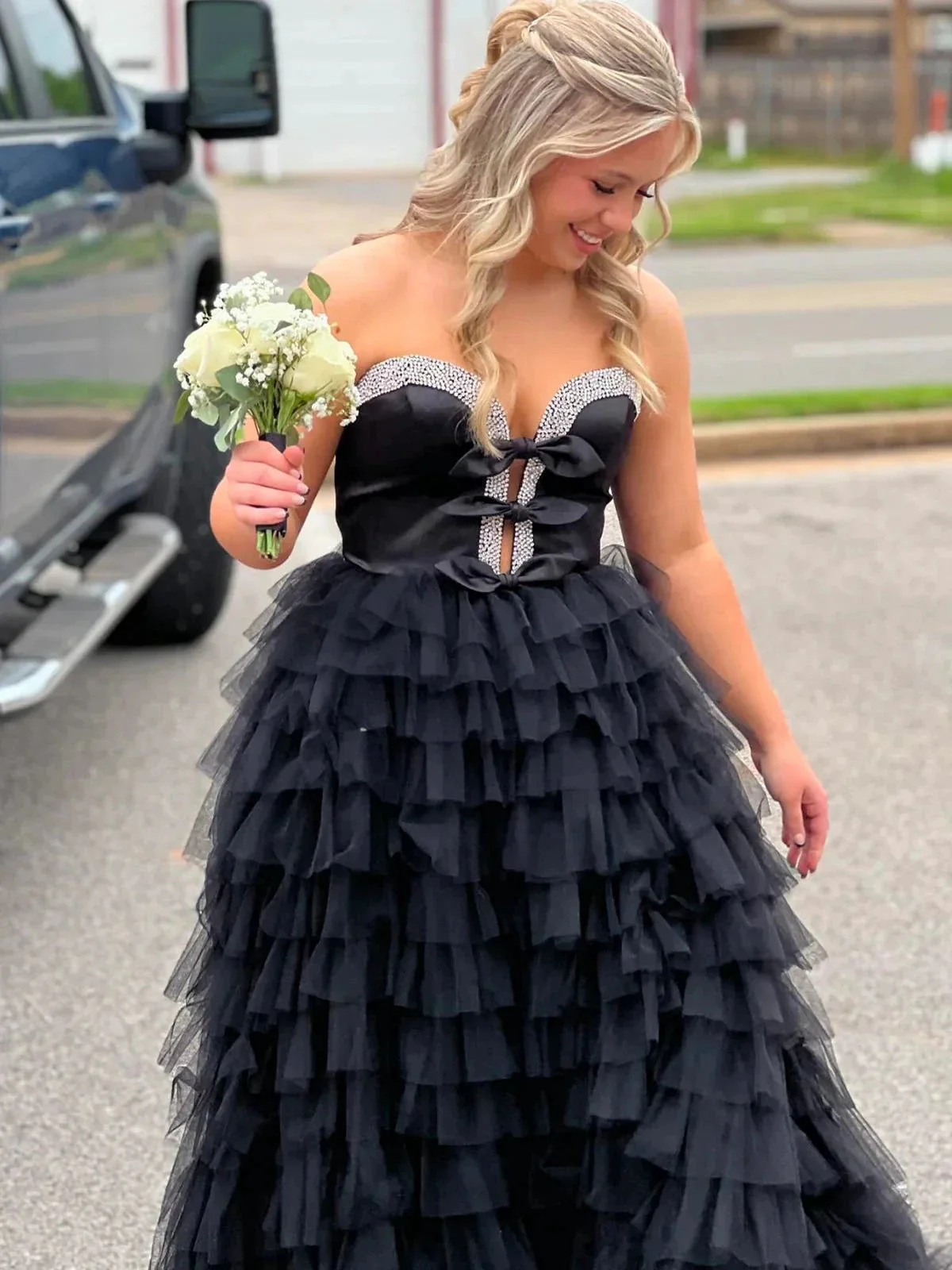 Peggy | Black Strapless Bow Ruffle Long Prom Dress with Slit - Image 7