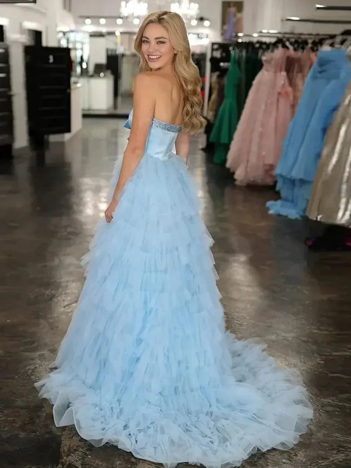 Peggy | Black Strapless Bow Ruffle Long Prom Dress with Slit - Image 8