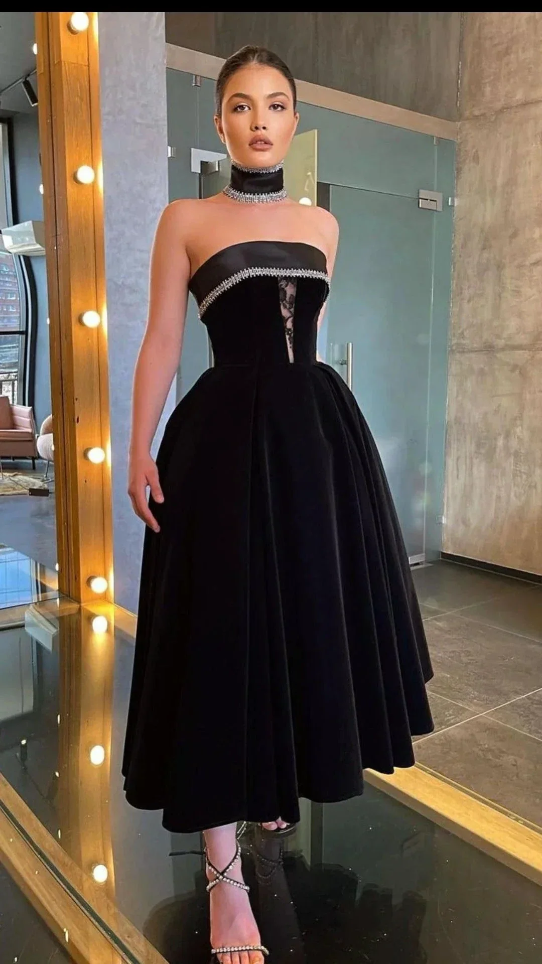 Black Strapless Evening Dresses for Wedding Guests Lace Beaded Sleeveless Evening Dress Y4854 - Image 2