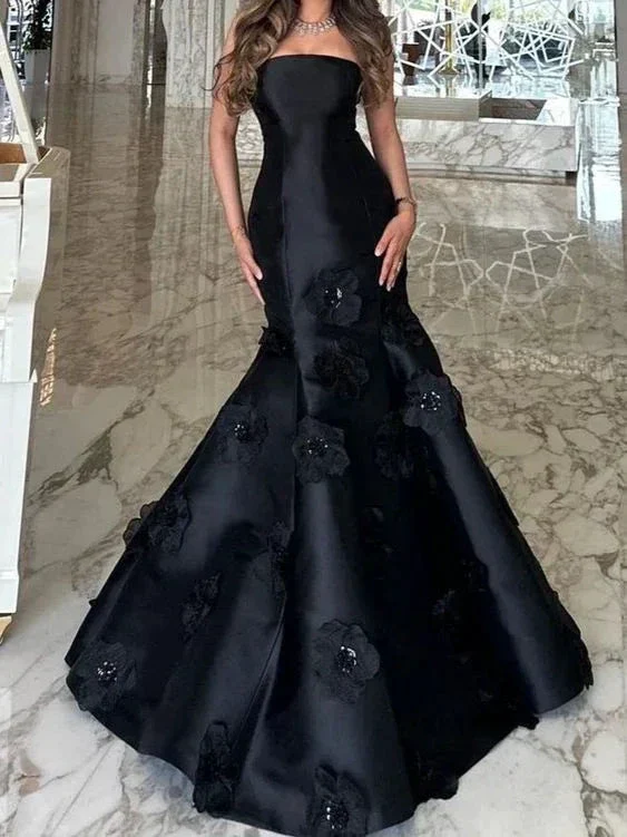Black Strapless Flowers Mermaid Evening Dress Formal Prom Dress Y7459 - Image 2