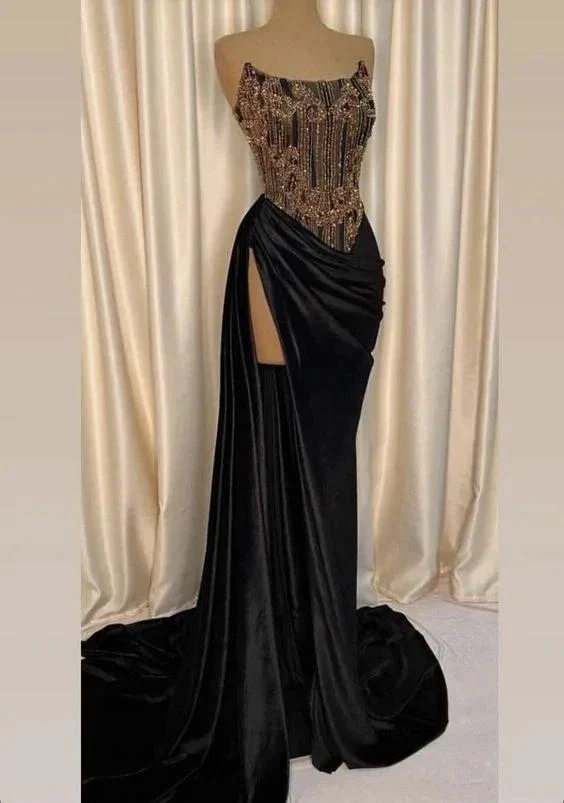 Black Strapless Long Evening Dress , Chic Black Prom Dress with High Split , Black Gala Dress Y1903 - Image 2