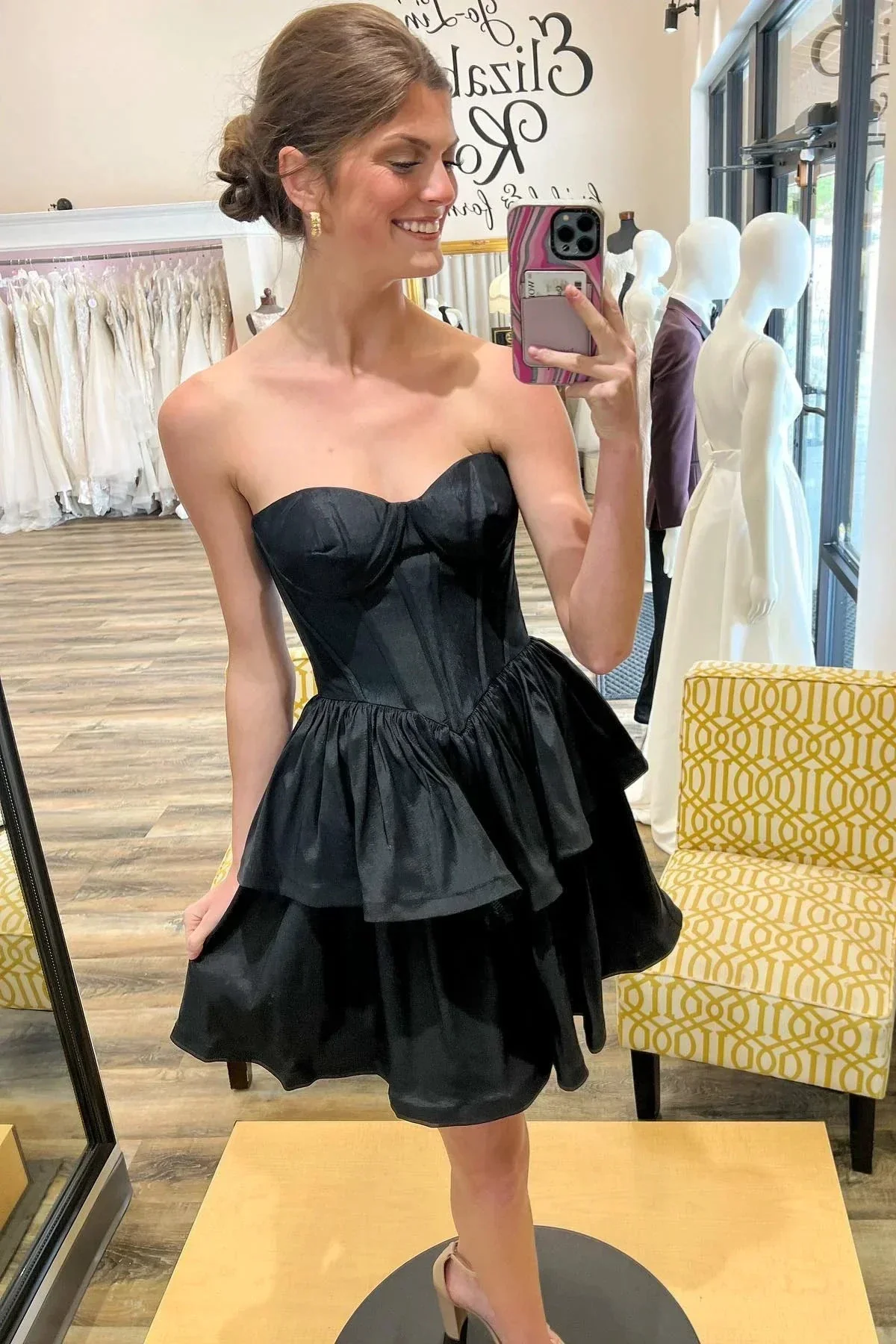 Black Strapless Satin Multi-Layers Homecoming Dress Y2070 - Image 2