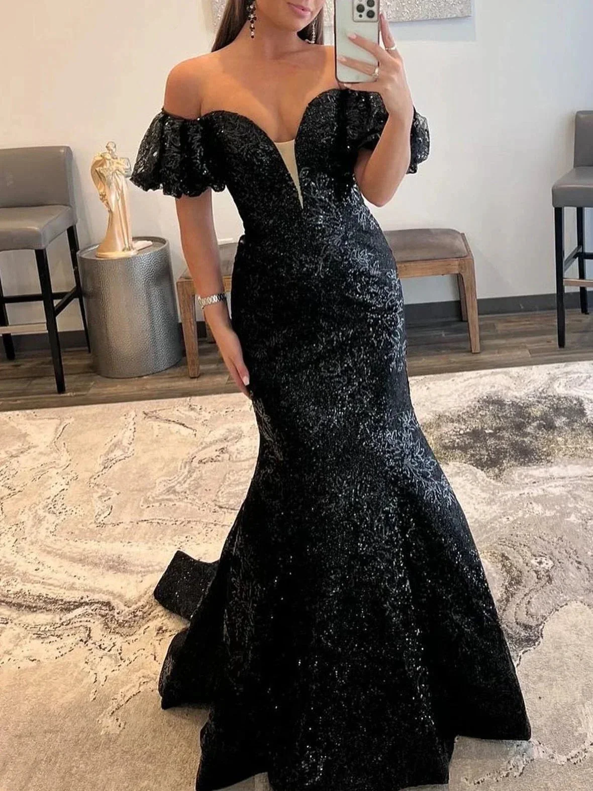 Black Strapless Sequins Long Mermaid Prom Dress - Image 3