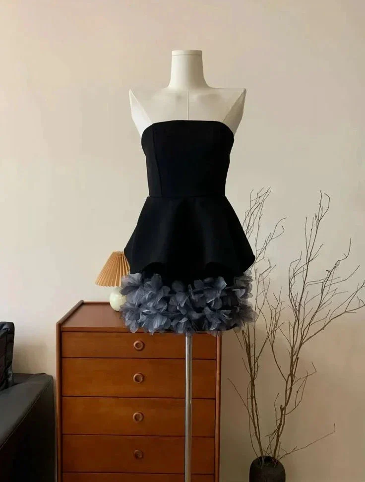 Black Strapless Tulle 3D Floral Cocktail Dress Strapless Homecoming Dress Y8105 - Image 2