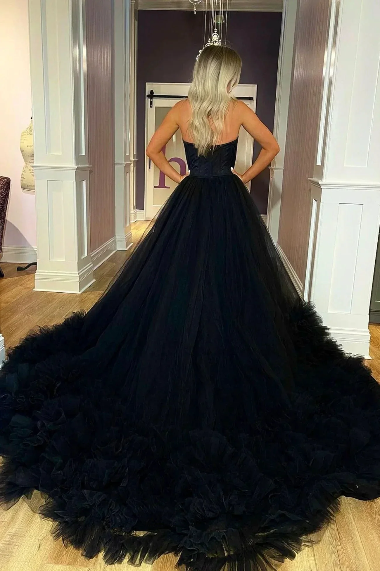 Black Strapless Tulle Long Ball Gown, A-Line Evening Dress Y1797 - Image 2