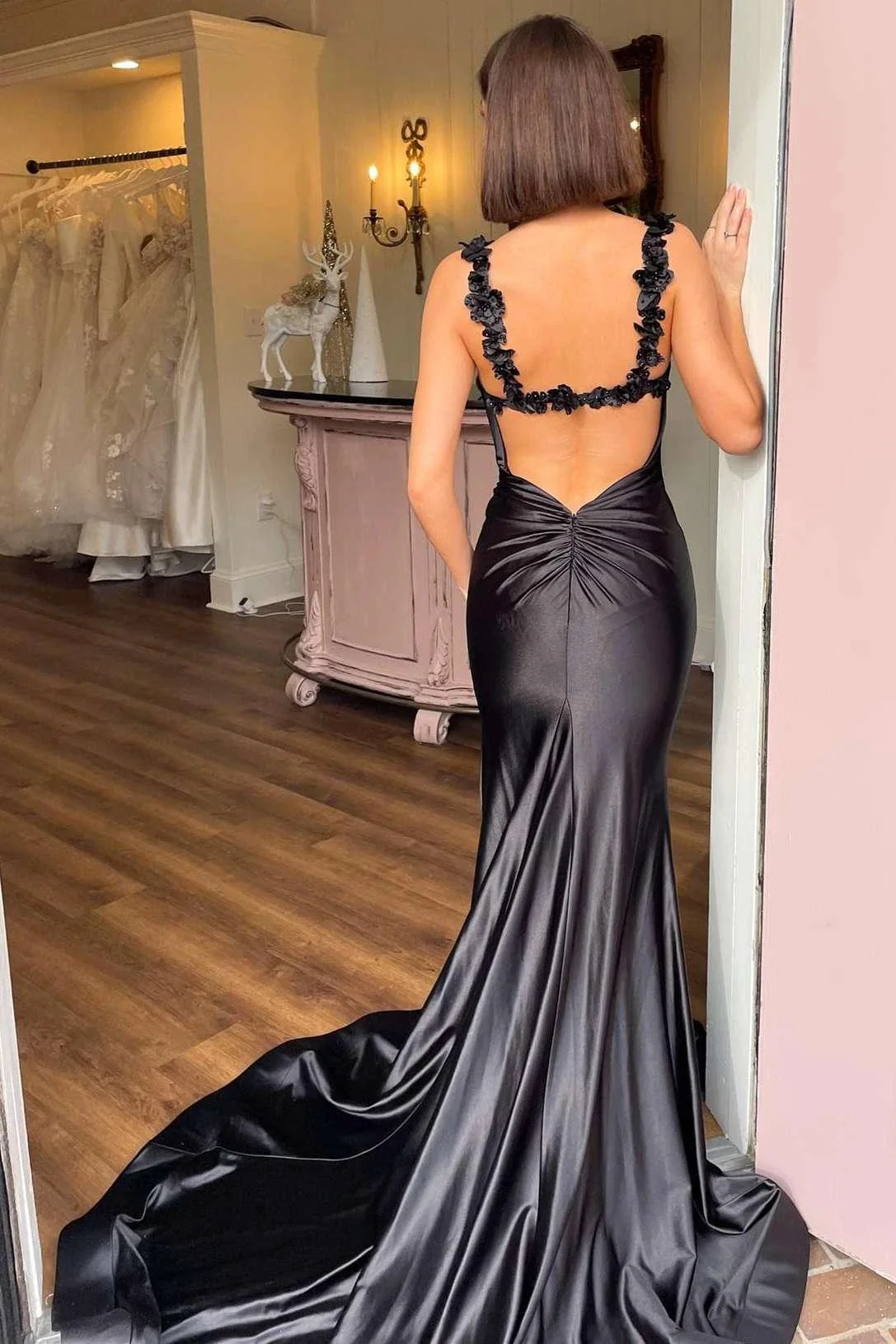 Hana | Black Straps Floral Mermaid Long Prom Dress - Image 3