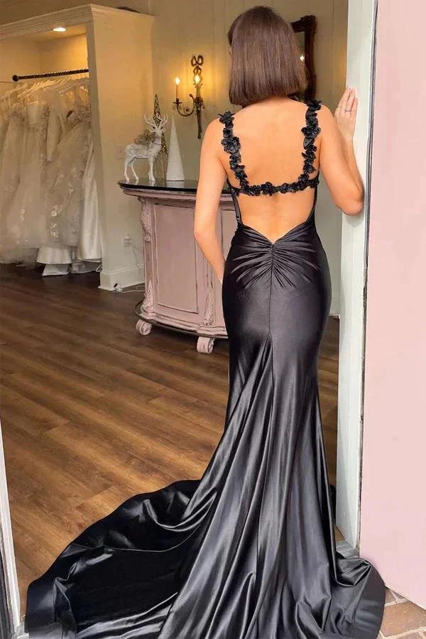 Satin Floral Mermaid Black Long Prom Dress Formal Dress PSK527 - Image 3