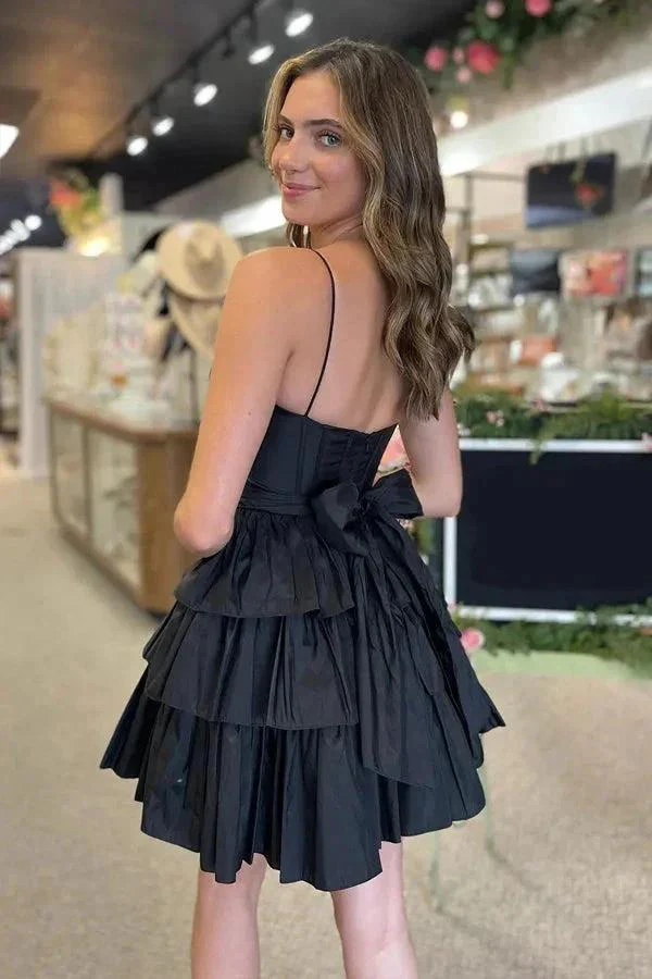 Black Straps Satin A-Line Short Corset Homecoming Dress With Bow PD543 - Image 2
