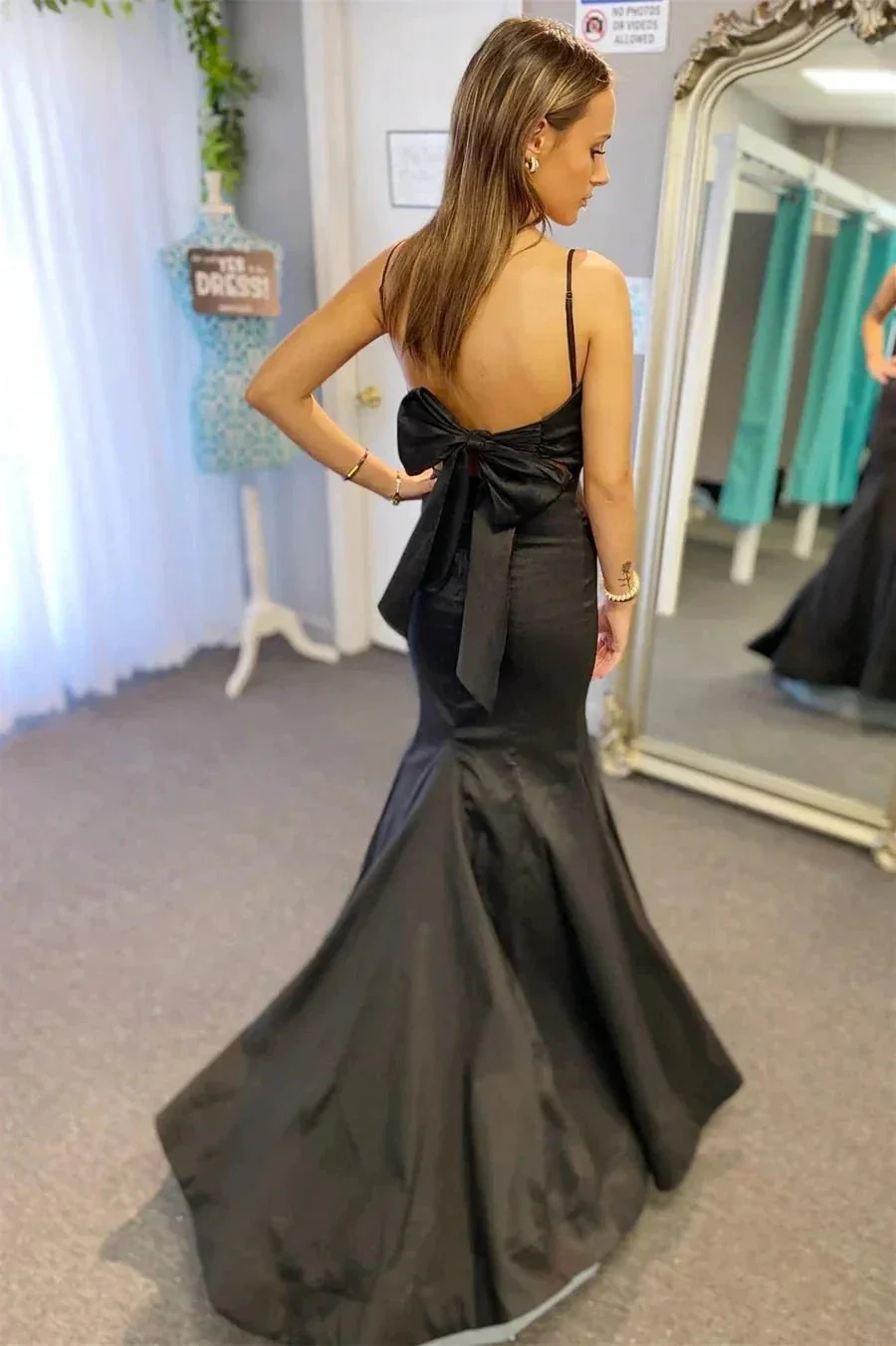 Satin Surplice Pleated Straps Black Long Prom Dress with Bow PSK437 - Image 2