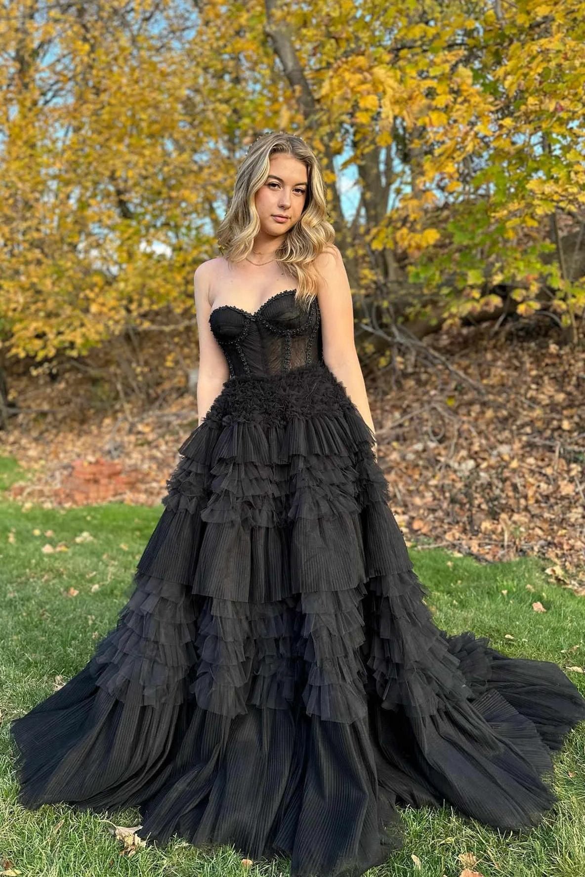 Marjorie | Black Sweetheart Beaded Tiered A-Line Formal Dress - Image 2