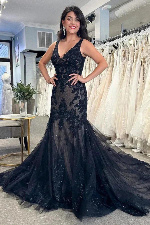 Black Tulle Appliques V-Neck Trumpet Long Wedding Dress WD699 - Image 2