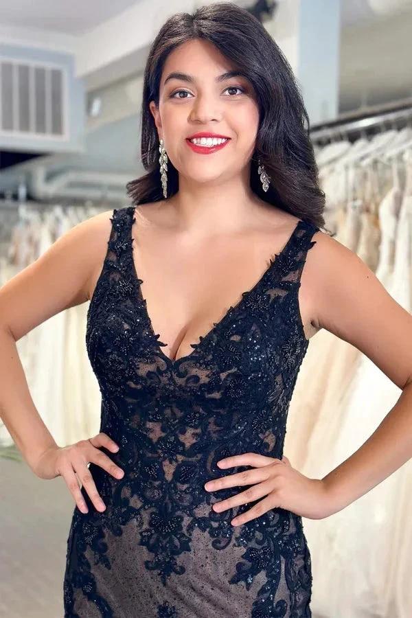 Black Tulle Appliques V-Neck Trumpet Long Wedding Dress WD699 - Image 3