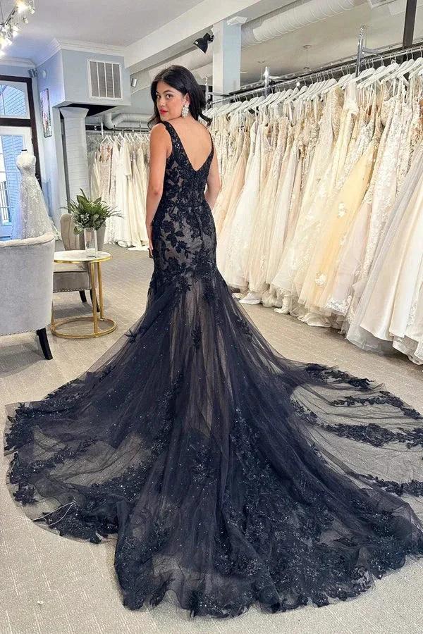 Black Tulle Appliques V-Neck Trumpet Long Wedding Dress WD699 - Image 4