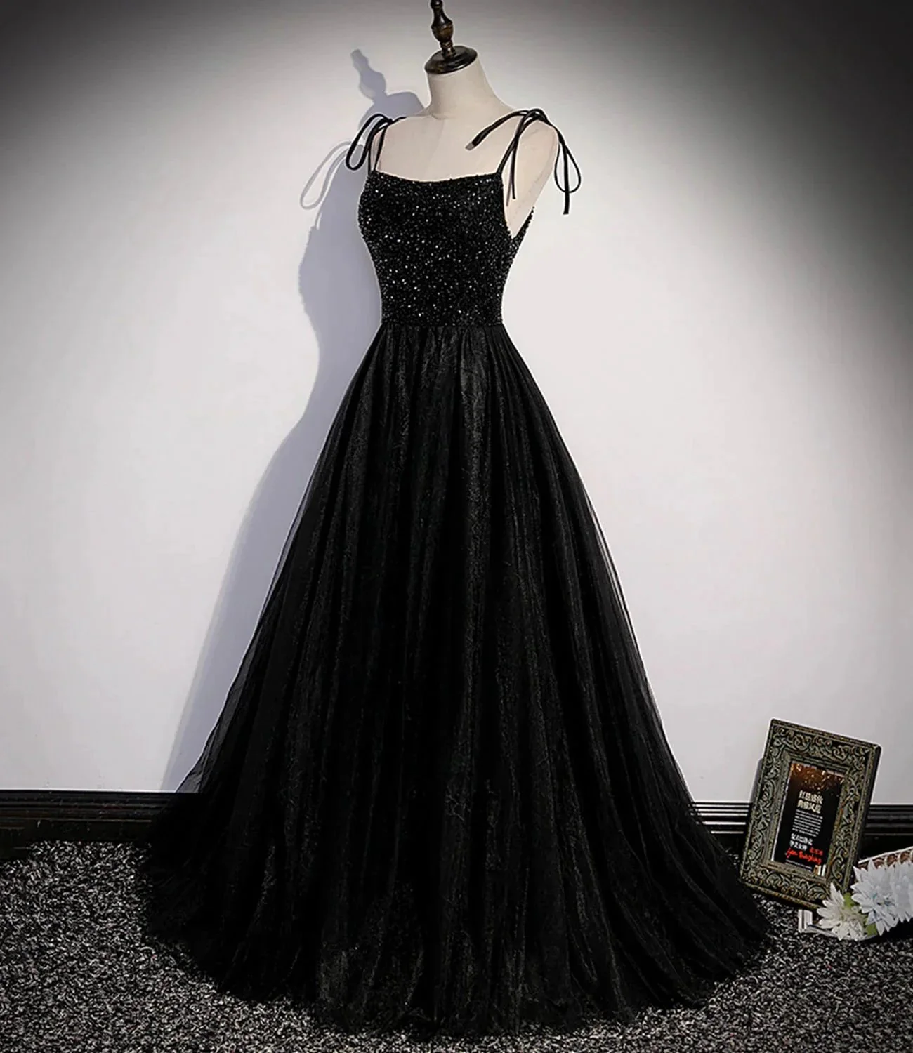 Black tulle beads long prom dress A line evening dress s58 - Image 2