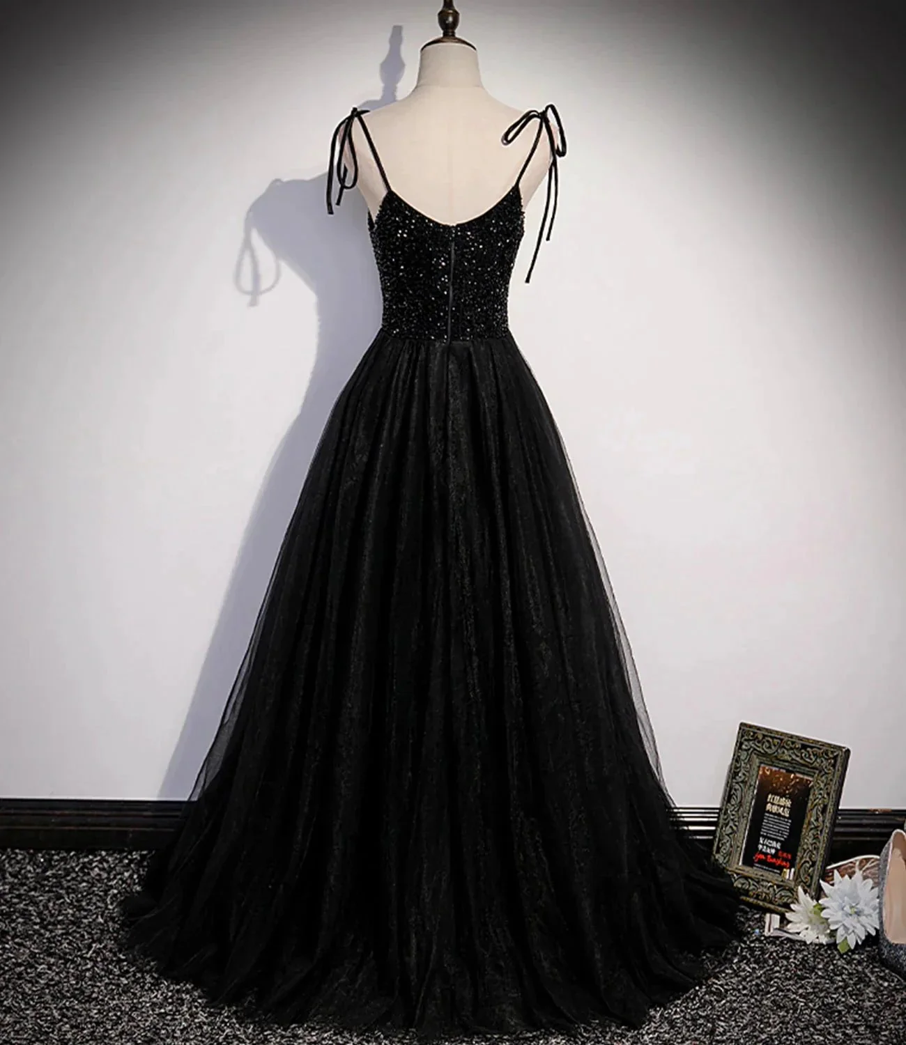 Black tulle beads long prom dress A line evening dress s58 - Image 3