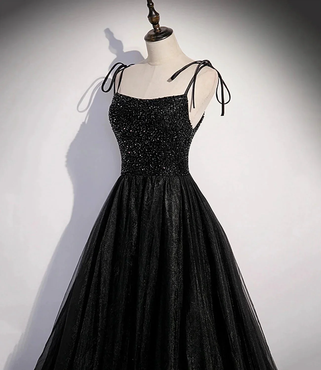 Black tulle beads long prom dress A line evening dress s58 - Image 4