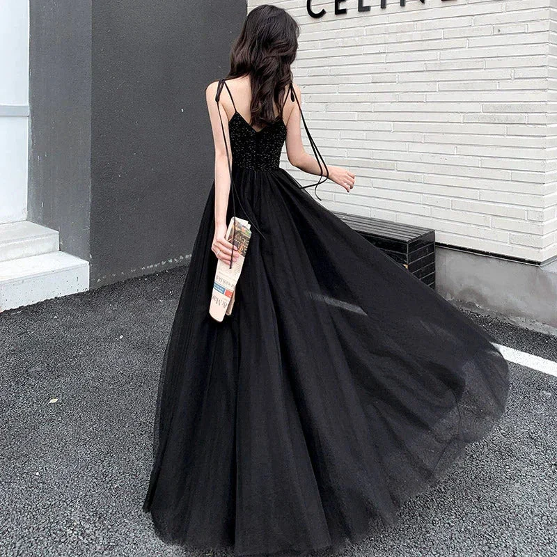 Black tulle beads long prom dress black evening dress Y1134 - Image 2