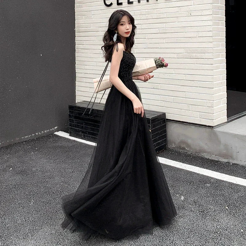 Black tulle beads long prom dress black evening dress Y1134 - Image 3