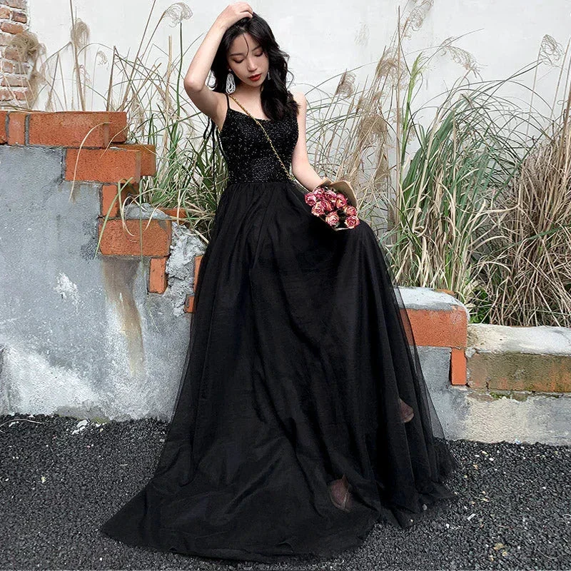 Black tulle beads long prom dress black evening dress Y1134 - Image 4