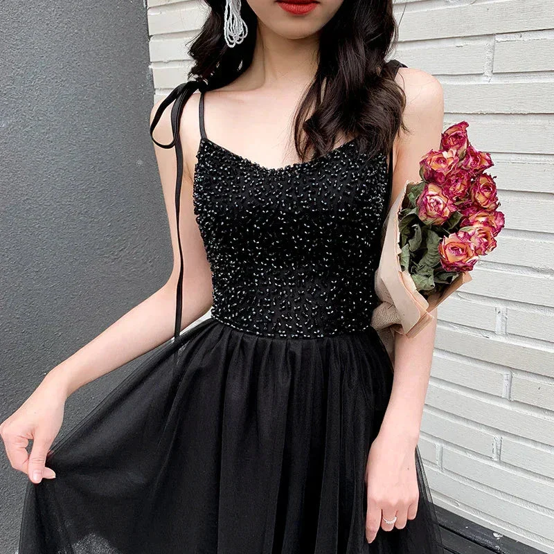 Black tulle beads long prom dress black evening dress Y1134 - Image 5