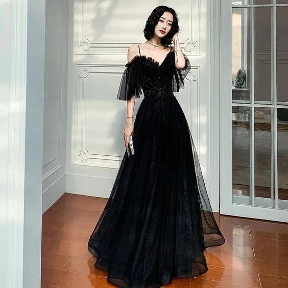 Black tulle lace long prom dress black evening dress Y1894 - Image 2