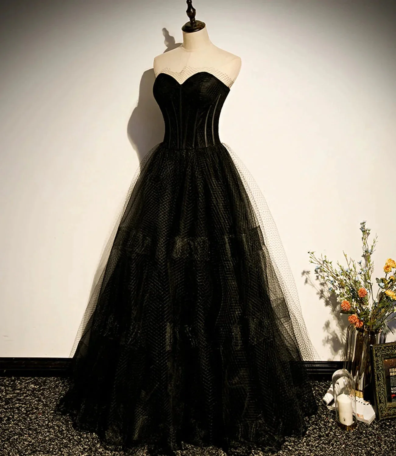 Black tulle long A line prom dress black evening dress s68 - Image 2