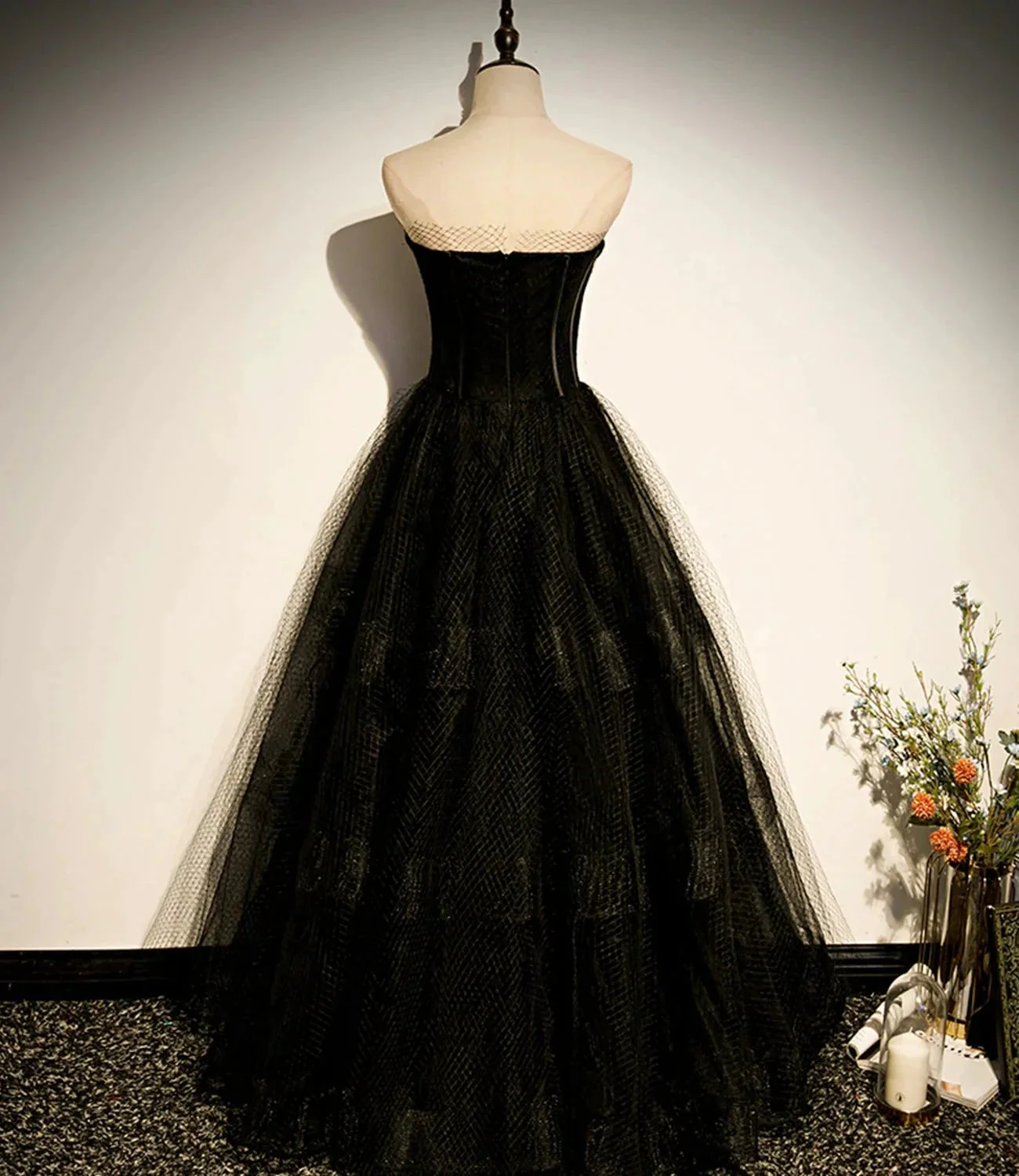 Black tulle long A line prom dress black evening dress s68 - Image 4