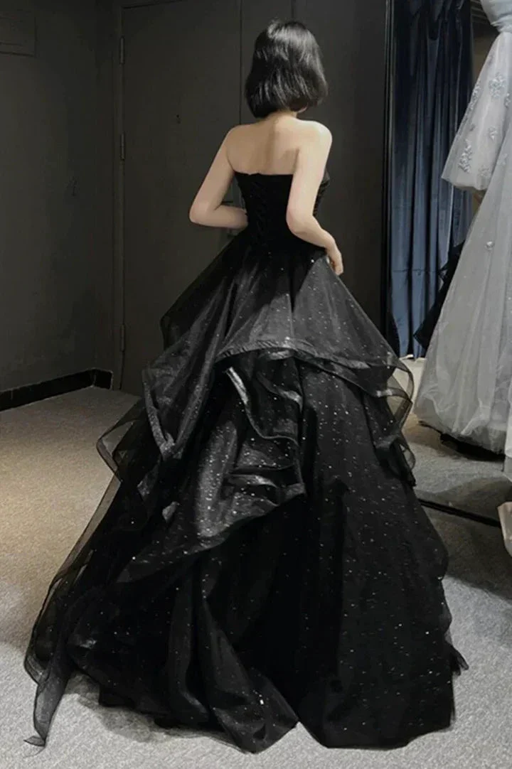 Black tulle long prom dress A line evening gown Y74 - Image 2