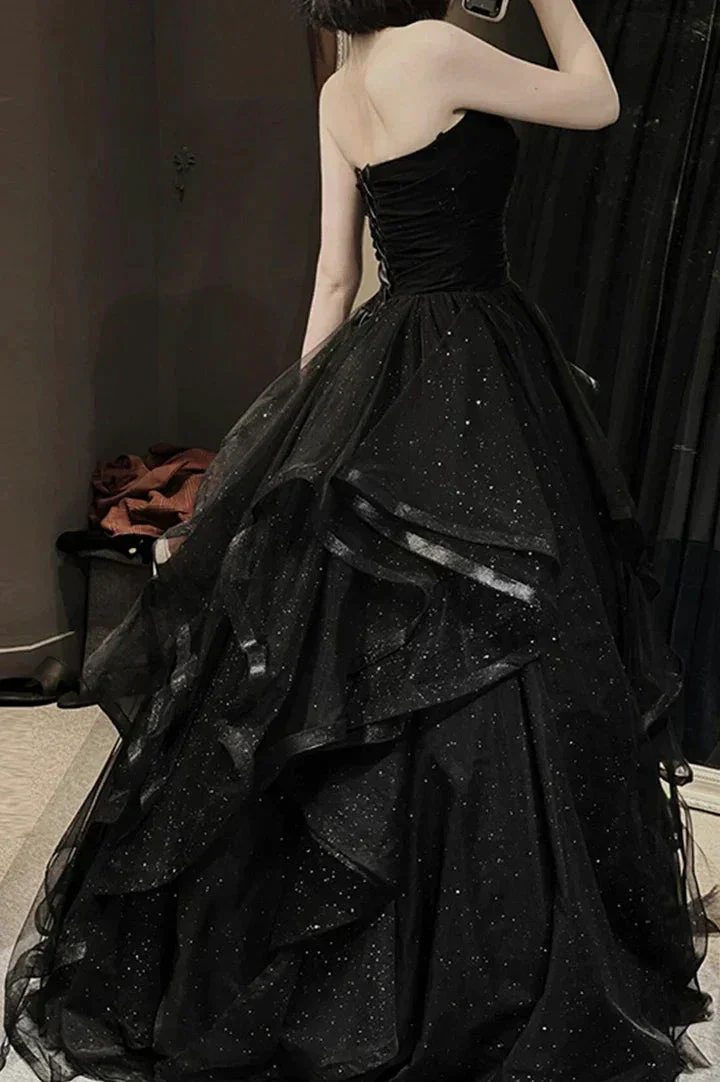 Black tulle long prom dress A line evening gown Y74 - Image 3