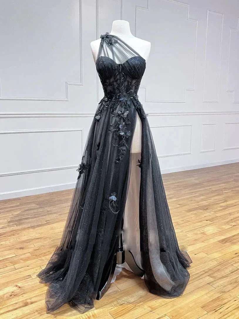 Black Tulle One Shoulder Long Prom Dress with Leg Slit Black Evening Gown Y1146 - Image 2