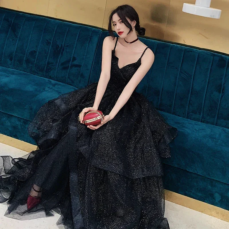 Black tulle sequins prom dress evening dress Y1021 - Image 2