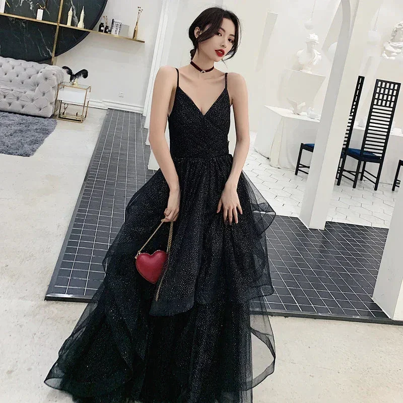 Black tulle sequins prom dress evening dress Y1021 - Image 3