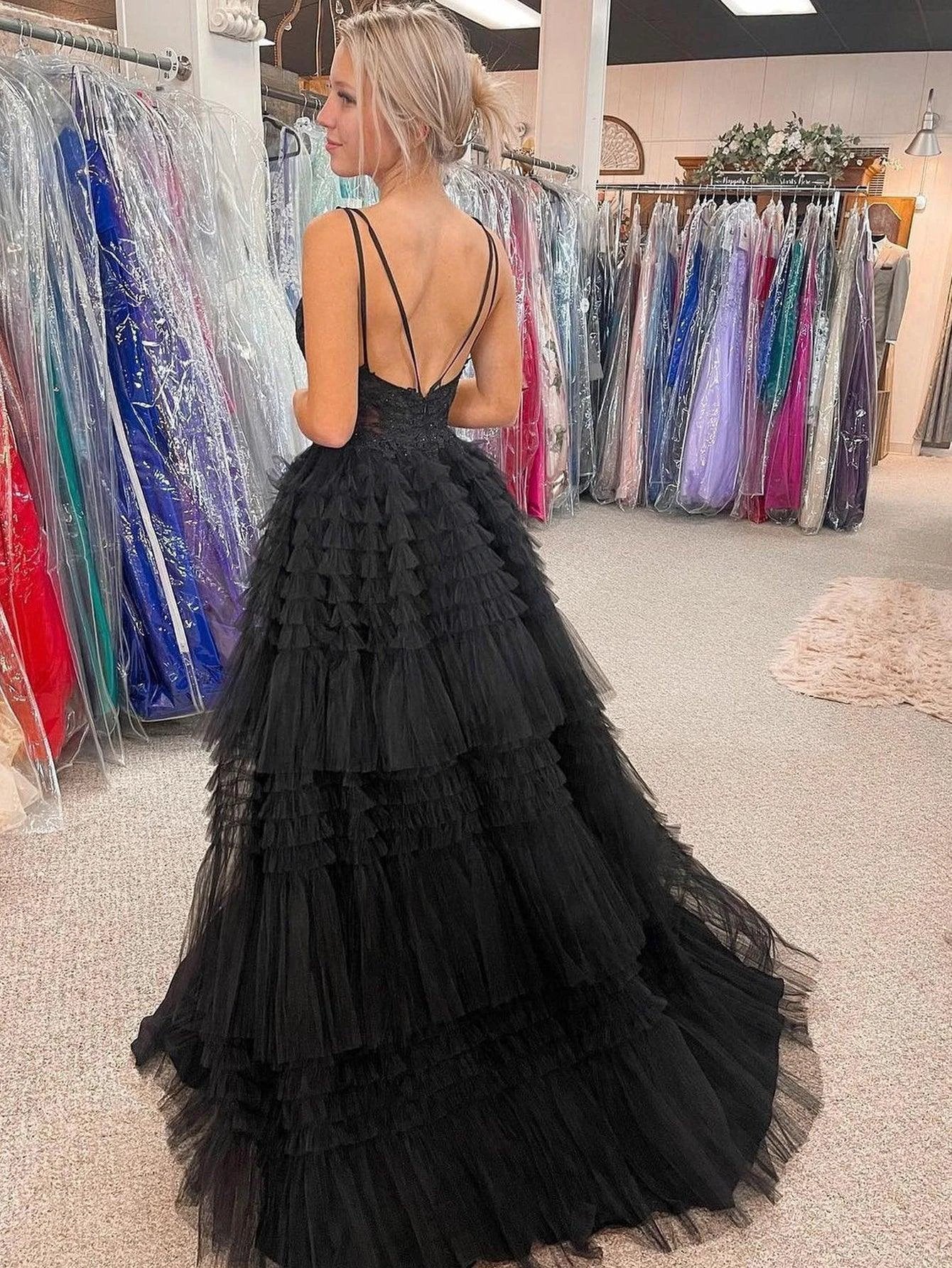 Black V Neck Asymmetrical Tulle Long Prom Dress - Image 2