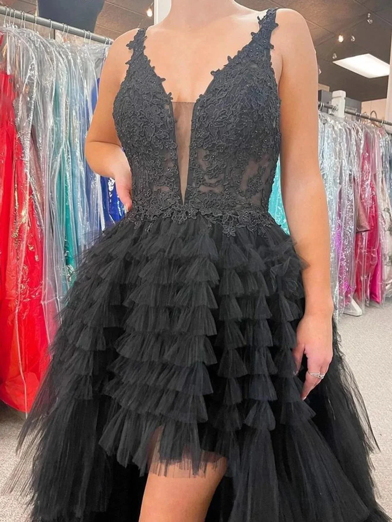 Black V Neck Asymmetrical Tulle Long Prom Dress - Image 3
