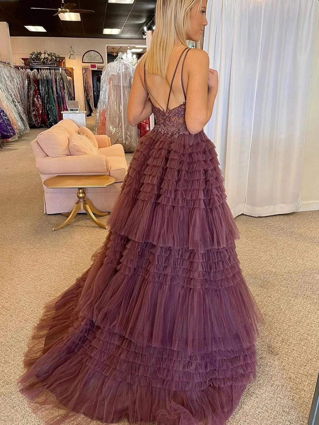 Black V Neck Asymmetrical Tulle Long Prom Dress - Image 5