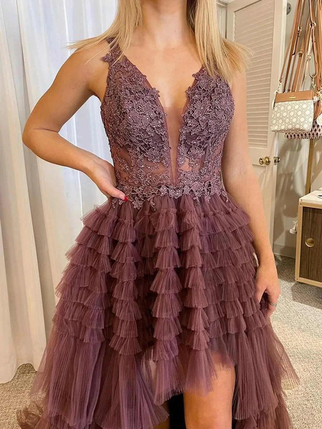 Black V Neck Asymmetrical Tulle Long Prom Dress - Image 6